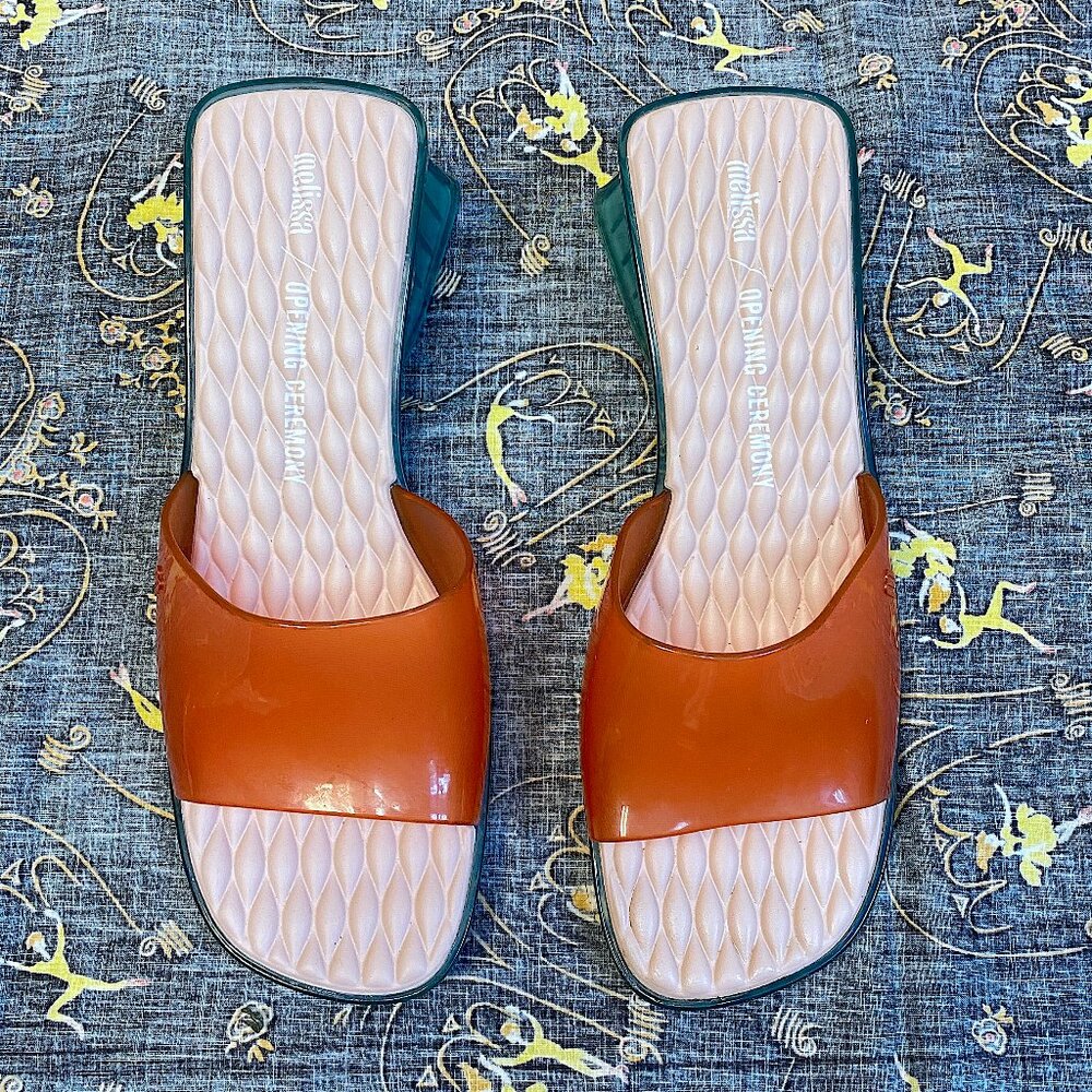 Melissa Opening Ceremony Ladies Pink & Blue Mule Sandal Slide Block Heel Size 9